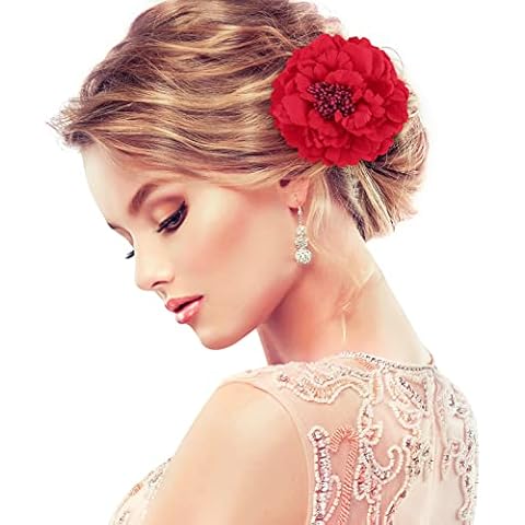 Large Fascinator Peony Hairpin, Greoer Red Flower Hair Clip, Artificial Flower Brooch Hairpins Vintage Rose Red Hair Barrette Accessories for Women Girls Party Beach Wedding Cover