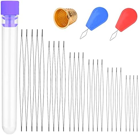 25 Pcs Beading Needles, Embroidery Needle Extra Fine Thin Beading Needles Big Eye Beading Needles, Long Straight Needles Bead Needles Hand Sewing Needles with Threader, Thimble for Jewelry Making