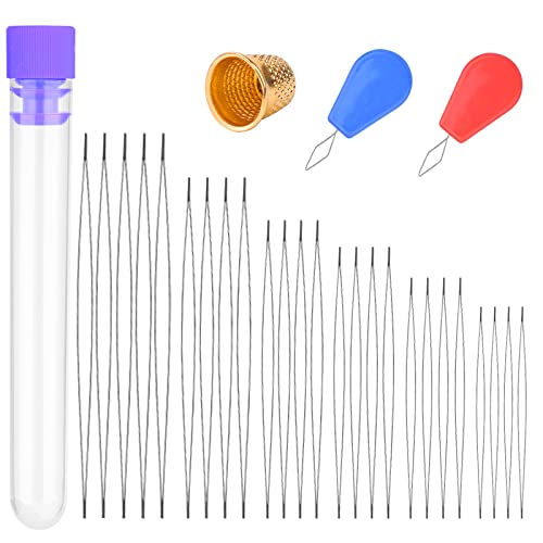 25 Pcs Beading Needles, Embroidery Needle Extra Fine Thin Beading Needles Big Eye Beading Needles, Long Straight Needles Bead Needles Hand Sewing Needles With Threader, Thimble For Jewelry Making #TOP23