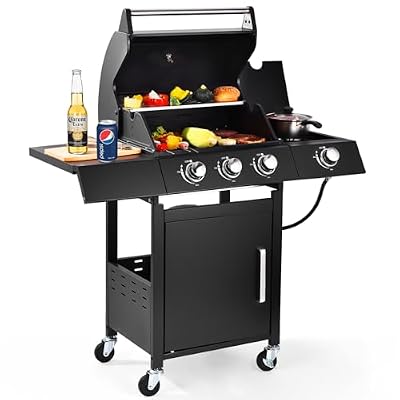 RYHOFOUD 3-Burner w/Side Burner Gas Grill with 241 SQ.IN. Outdoor Grill with 36,000 BTU,Propane Grills with Top Cover Lid,Grills Outdoor Cooking for Patios,Camping,Balcony-Q042