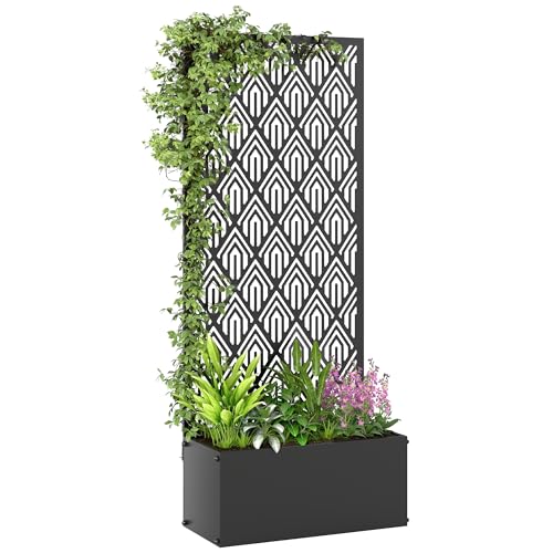 Outsunny Jardinière avec Treillis, bac à Fleurs, lit surélevé avec Brise-Vue, à Motif géométrique, pour Plantes grimpantes, légumes, Fleurs, métal,...