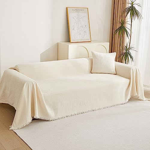 Mysky Home Boho Couch Cover Beige Sofa Covers With White Tassel Farmhouse Sofa Slipcover Simple Couch Protector For Dogs Chenille Sectional Couch Covers L Shaped Couch Cushion Covers thumb #7