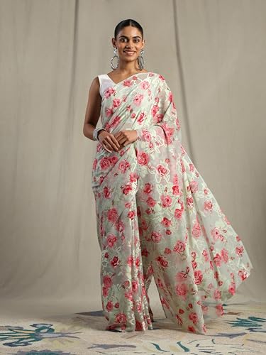 Image of Garden Vareli Summer Roganza Viscose Brasso Floral Print Saree with Unstitched Blouse Piece