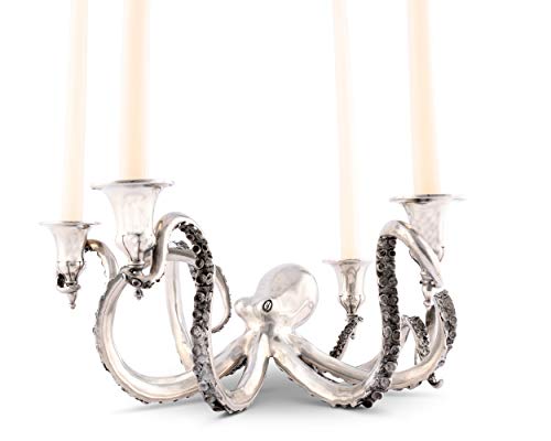 Vagabond House Pewter Metal Octopus Candelabrum Four Taper Candles Holder Ocean Tableware 14 inch Long