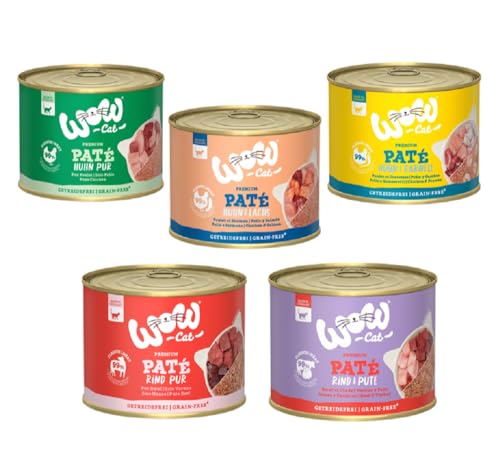 Ellasdekokrempel Wow Cat Mangime umido pacchetto di prova 5 x 200 g per gatto All Life Stages manzo puro, pollo/salmone, pollo/gamberetto, manzo/tacchino, barattolo da 200 g