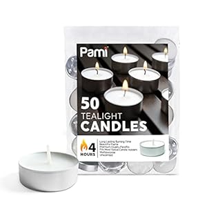 PAMI Premium Long-Lasting with 4 Hours Burning Time Tealight Candles [50-Pack] – Unscented Tea Candles – Paraffin Tealights with Beautiful Flame- Round Candles Perfect for Votive Candle Holders