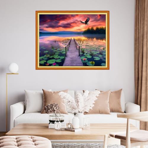 Image of Findvoor Stamped Cross Stitch Kits for Beginner Embroidery Kits for Beginners Adults DIY 11CT Cross Stitch Patterns Needlepoint Kits Crossstitching Kits-Lotus Pond Sunset 16x20 inch