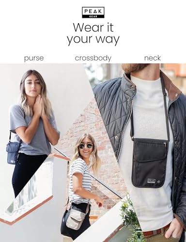 peak gear rfid neck wallet - the original travel pouch with adjustable crossbody strap  theft protection and lost amp found service  beige