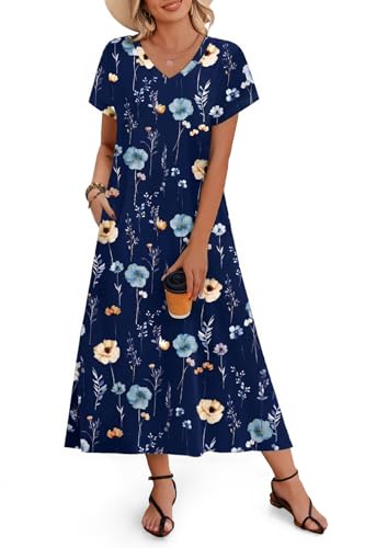 Image of Zeagoo Women Summer Floral Dress Short Sleeve Beach Dress with Pockets Casual V-Neck Split Long T-Shirt Dress Travel Vacation