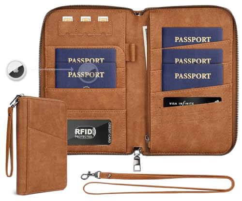 Family Passport Holder Wallet RFID Travel Document Organizer for Women Men Portable Case Cover for Cards Boarding Pass with Wrist/Neck Strap Airtag Pocket Travel Essentials Gifts -Light Brown 1pc
