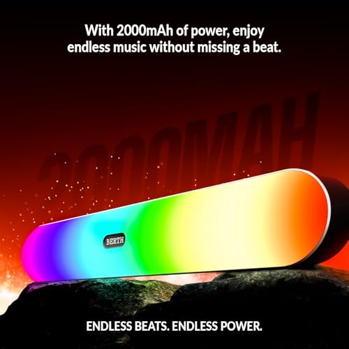 Image of BERTH Venero SB75 16W Bluetooth Soundbar | 2.0 Channel | 2000 mAh Battery | BT v5.3 | TWS Pairing | Dual Passive Radiators | AUX /FM /TF | RGB Lights | Up to 7 H Playtime | Wireless Bluetooth Speaker