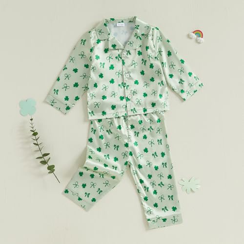 Toddler Boy Girl St Patricks Day Pajamas Set Cute Button Down Shamrock Print Shirt Long Pants Kids Sleepwear3