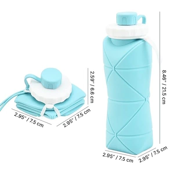 Image of Silicone Folding Water Bottle 600ML for Travel, Gym, Office, School - Food Grade, Leakproof, Lightweight & Reusable | Portable Collapsible Bottle for Men & Women (Blue)