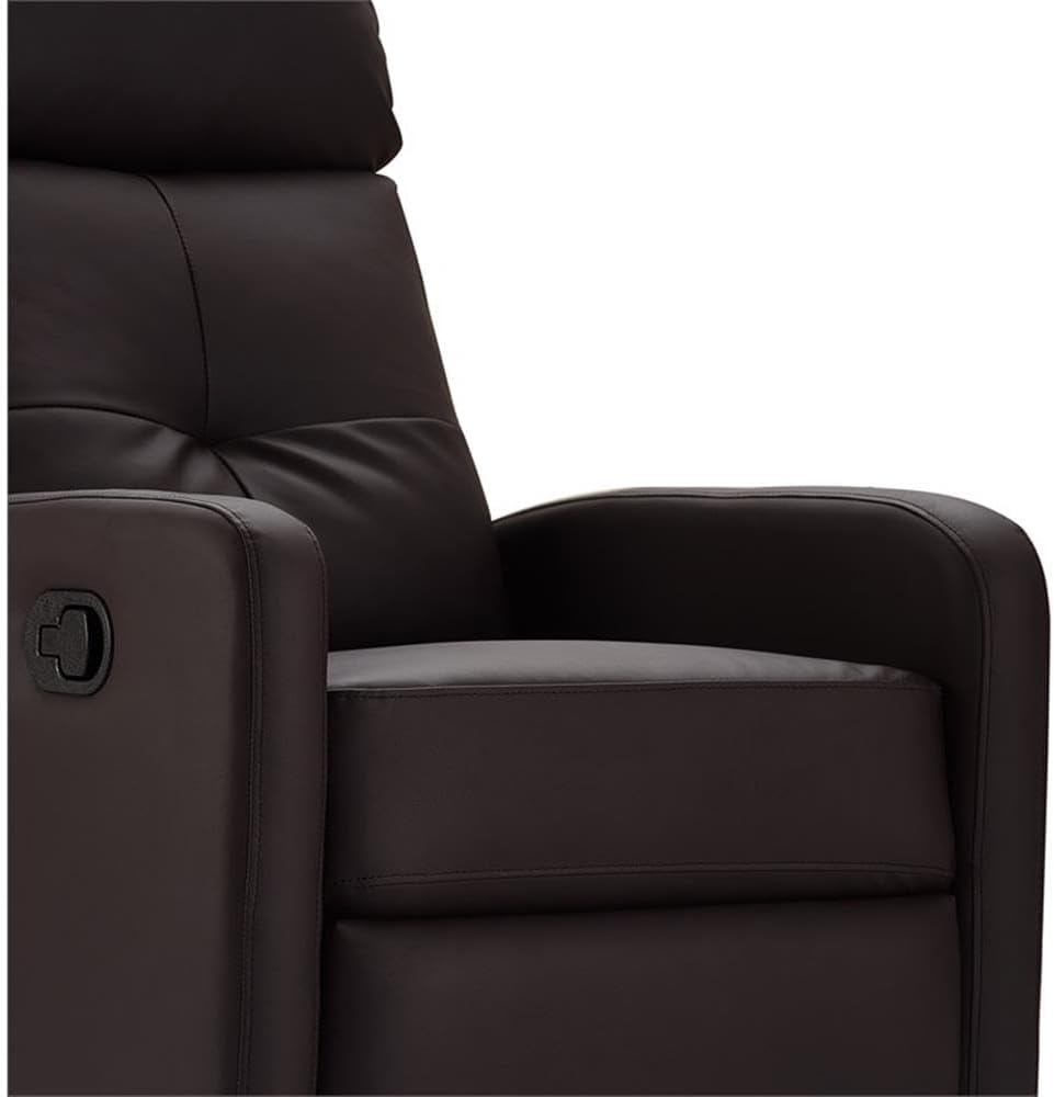 Pemberly Row Modern Leather Recliner Chair, Dark Brown Finish, Bonded Leather Upholstery, Tufted Back, Padded Arms, Easy Tab Pull Reclining Motion, Living Room or Family Room Seating, 250 lb Capacity