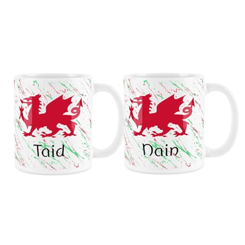 Purely Home Welsh Dragon Nan & Grandad Mugs Set - Red & Green Wales Nain and Taid Souvenir Gift - Tea/Coffee Present Ceramic Cups Set of 2
