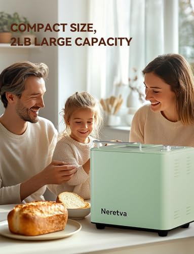 Neretva 20-IN-1 Bread Maker, Dual Heater 2LB Bread Machine Stainless Steel Bread Maker Machine Nonstick Ceramic Pan Compact for Gluten Free/Sourdough/Whole Wheat Bread/Yogurt, Breadmaker-Light Green