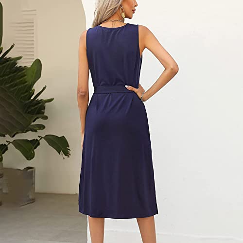 Vestidos de brunch azul-marinho para meninas adolescentes, outono, verão, sem mangas, gola redonda,