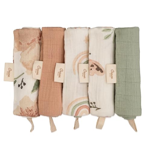 Crane Pink Floral Baby Wash Cloth Set - 5 Soft 100% Cotton Muslin Washcloths for Newborns