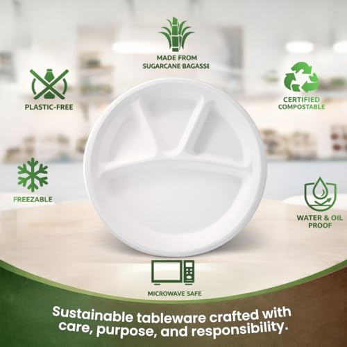 Image of Eco Aaroyaa Bagasse 12 Inch 4 Compartment Plates - Eco-Friendly Bagasse Disposable Plates - Strong Oil & Water Resistant Disposable Plates with Compartments for Parties, Catering & Events (Pack of 25)