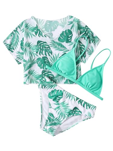 Image of Girl's 3 Piece Bikini Set Tropical Print Bathing Suit Swimwear with Crop Tops Cover Ups Cyan 160