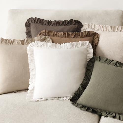 Image of Foindtower Set of 2 Decorative Soild Fringe Ruffle Throw Pillow Covers Soft Boho Farmhouse Cushion Cover Cozy Accent Retro Pillowcase for Couch Sofa Bed Living Room Home Decor,22x22 Inch,White