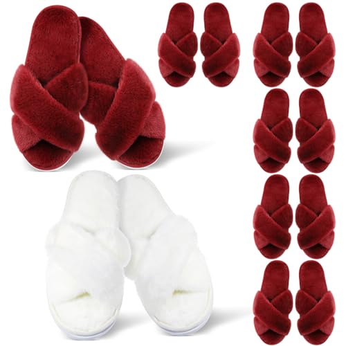 Image of JenPen 7 Pairs Bridesmaids Slippers Women's Cross Band Fuzzy Bachelorette Party Slippers for Wedding Bridal Party