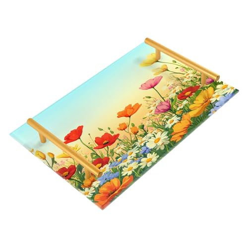Wassud Bathroom Vanity Tray with Handles Vibrant Flower Fields Acrylic Jewelry Perfume Organizer for Bathroom Kitchen Counter 11.81