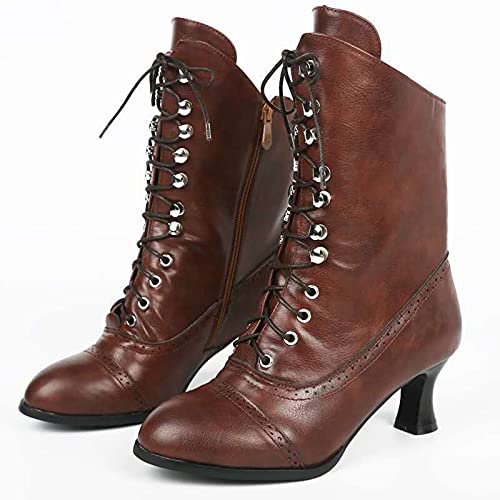 Victorian Boots for Women Vintage Granny Boots Renaissance Witch Mid Calf Boot 70s Lace Up Booties Low Heel with Zipper Kitten Heel Short Boot Shoes4