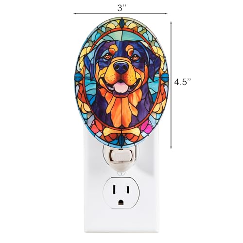 Image of Dog Night Light Rottweiler, Stained Glass Styled Plug-in Wall Nightlight, Bulb Included, Pet Memorial Dog Lover Gift, Bedroom Hallway Bathroom Decor, Manual On /Off Switch