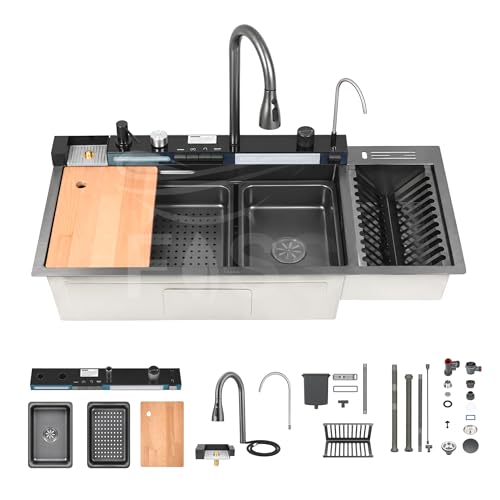 Image of Fossa 40x18x09 Smart Waterfall Piano Kitchen Sink, AISI 304 Stainless Steel, 2.8 mm Collar Thickness, 7-Year Warranty, Double Bowl Sink with LED Display, Pull-Out Faucet, Black Matte Finish