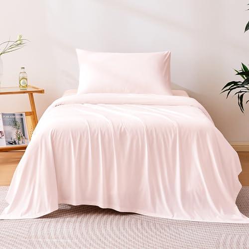 Image of Amazon Basics Cooling Sheets, 3-Piece Bed Sheet Set for Summer, Soft and Breathable for Hot Sleepers, Bedding with 1 Deep Pocket Fitted Sheet, 1 Flat Sheet, and 1 Pillowcase, Twin, Pink