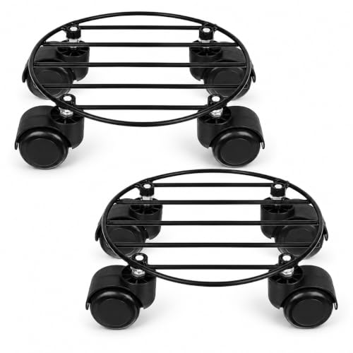 Image of Round Metal Plant Stand with Wheels (Pack of 2) | Heavy Duty Pot Trolley for Home, Balcony & Garden | Black