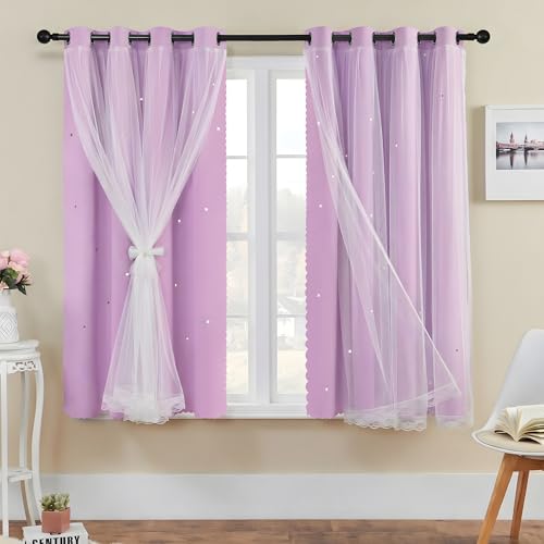 Image of XiDi Purple Curtains for Bedroom Living Room 2 Panels Thermal Insulated Kids Blackout Curtain Hollow-Out Star Window Nursery Girls Curtains 45 inches Length Room Darkening Grommet W52 x L45