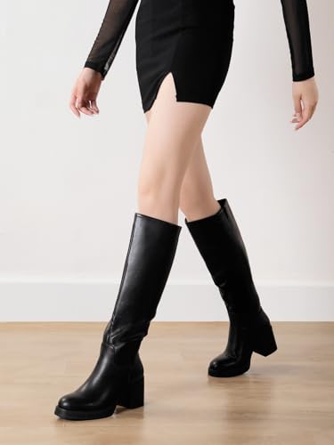 Image of Shoe'N Tale Platform Knee High Boots for Women Block Chunky Heel Round Toe Side Zipper Tall Boots