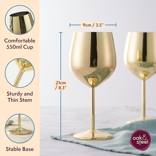 Oak & Steel 2 Gold Wine Glasses (520ml) - Stainless Steel Wine Glasses, Unbreakable Metal Drinking Glasses with Gift Box