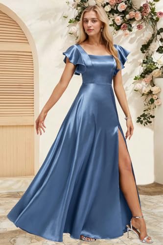 Satin Prom Dresses Short Sleeve Bridesmaid Dresses with Pockets Square Neck Formal Gowns with Slit P01004