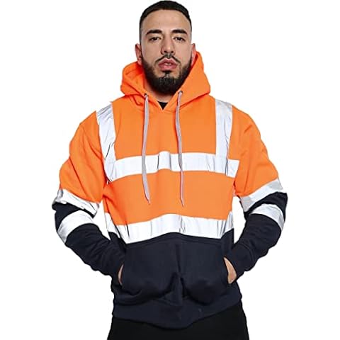 Mens High Vis Winter Hoodie No Zip 2 Tone Hi Vis Fleece Sweatshirt High Visibility Workwear Long Sleeve Tape Band Pull Over Security Top Neon Reflective Jumper Jacket Hoodies UK S-5XL Cover