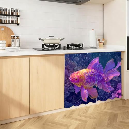 Image of Self Adhesive Purple Goldfish Cabinet Curtain for Mother's Day, 39x28 Inch Underwater Fish Under Sink Skirt No Drill, Spring Cleaning Kitchen Decor, Hook and Loop Laundry Valance