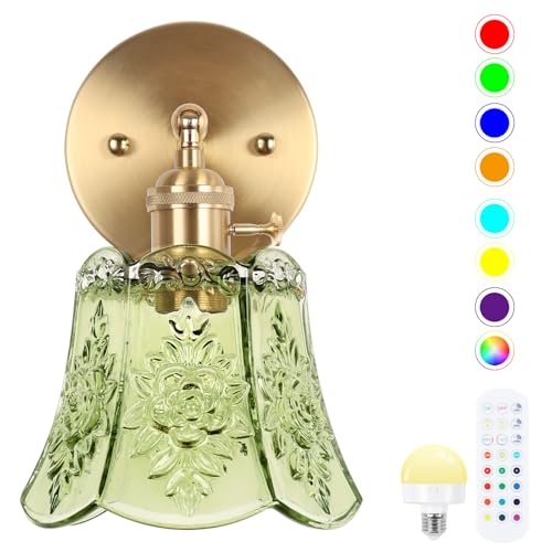Image of Battery Operated Wall Sconce, Wireless Battery Powered Rose Wall Sconces with Remote Control, RGB Dimmable LED Vintage Wall Light for Bedroom,Living Room, Hallway（Deep Green）
