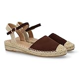 101223 Sandalia Alpargata de mujer con diseno abierto, cuna ligera de yute, esparto. Estampado liso. Cierre de hebilla y punta cerrada. Ideal temporada primavera verano. Marron Talla 38