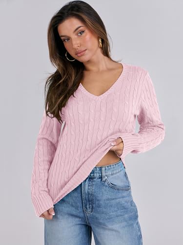 Image of ANRABESS Women's Cable Knit V Neck Fitted Sweaters