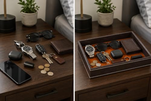 Image of Primuim Leather Desk Organiser Tray Faux Leather, 10 x 08 x 1.5 inch, Decorative Stitching Detail, Modern Professional Faux Rectangular Leather Serving Tray.Brown Color