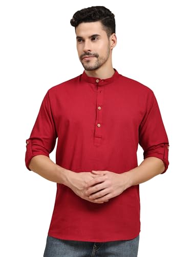 SKAVIJ Men’s Cotton Linen Kurta Shirt – Long Sleeve Henley with Mandarin Collar Roll-Up Sleeves Casual Ethnic Tunic Top