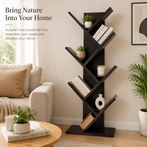 Image of Decazone Tree Bookshelf | Modern Floor Standing Wooden Book Shelf for Living Room | Engineered Wood Bookcase & Display Rack | Space Saving Corner Storage Shelf | Dark Wenge Finish