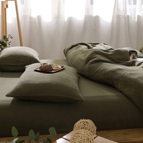 Image of mixinni Olive Green Waffle Weave Duvet Cover Set King, 3-Piece 100% Natural Washed Cotton Triple-Layer Gauze Solid Bedding Set, Soft Breathable Minimalist Comforter Cover with Zipper & Ties-King