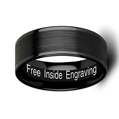OCTAVIUS Flat Black Ceramic Ring Wedding Band with Brushed Texture Center Polished Edges 8mm Width Custom Personalized Inside Engraved3
