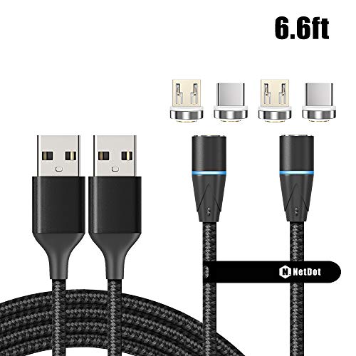 NetDot Gen12 Micro USB and USB-C Magnetic Fast Charging Data Transfer Cable Compatible with Android Device(6.6ft/2 Pack Black)