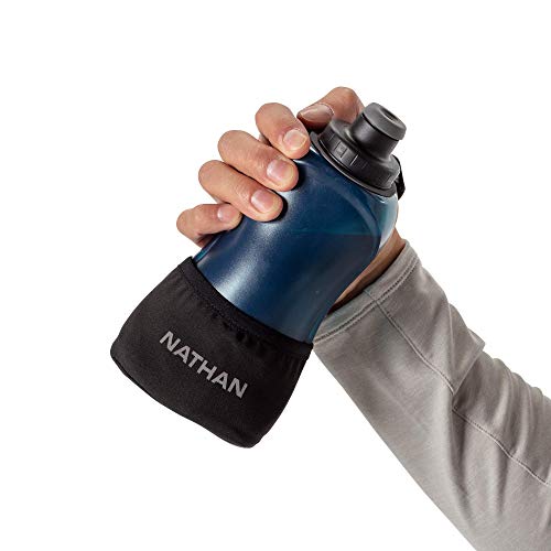 Nathan Running Handheld Quick Squeeze. No-Grip Adjustable Hand Strap. 12Oz / 18Oz / Insulated. Reflective Hydration Water Bottle. (18Oz, Black / Blue) #TOP3