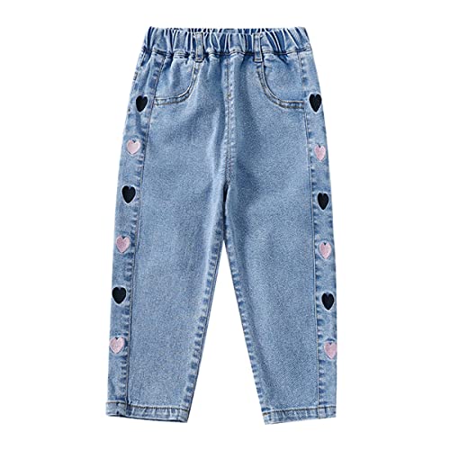 Baby Kids Girls Elastic Waist Rabbit Flower Embroidered Design Ripped Jean Casual Pocket Denim Pants