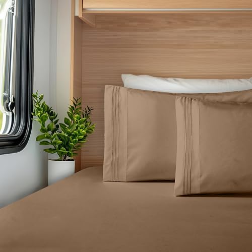 Image of Elegant Comfort Luxurious 1500 Premium Hotel Quality Microfiber Three Line Embroidered Softest 4-Piece Bed Sheet Set, Wrinkle and Fade Resistant, RV Short Queen, Taupe